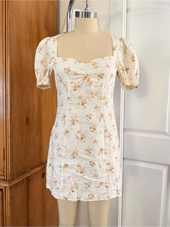 Reformation Dresses & Skirts - Reformation Gina Cream Floral Square-Neck Puff Sleeve Linen Mini Dress BWT